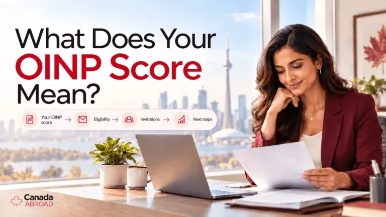 Professional reviewing documents for OINP score planning, with Toronto’s skyline in the background.